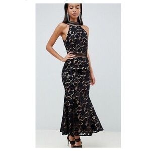 Jarlo Audrey Black Sheer Lace Crochet Halter Maxi Dress High Neck